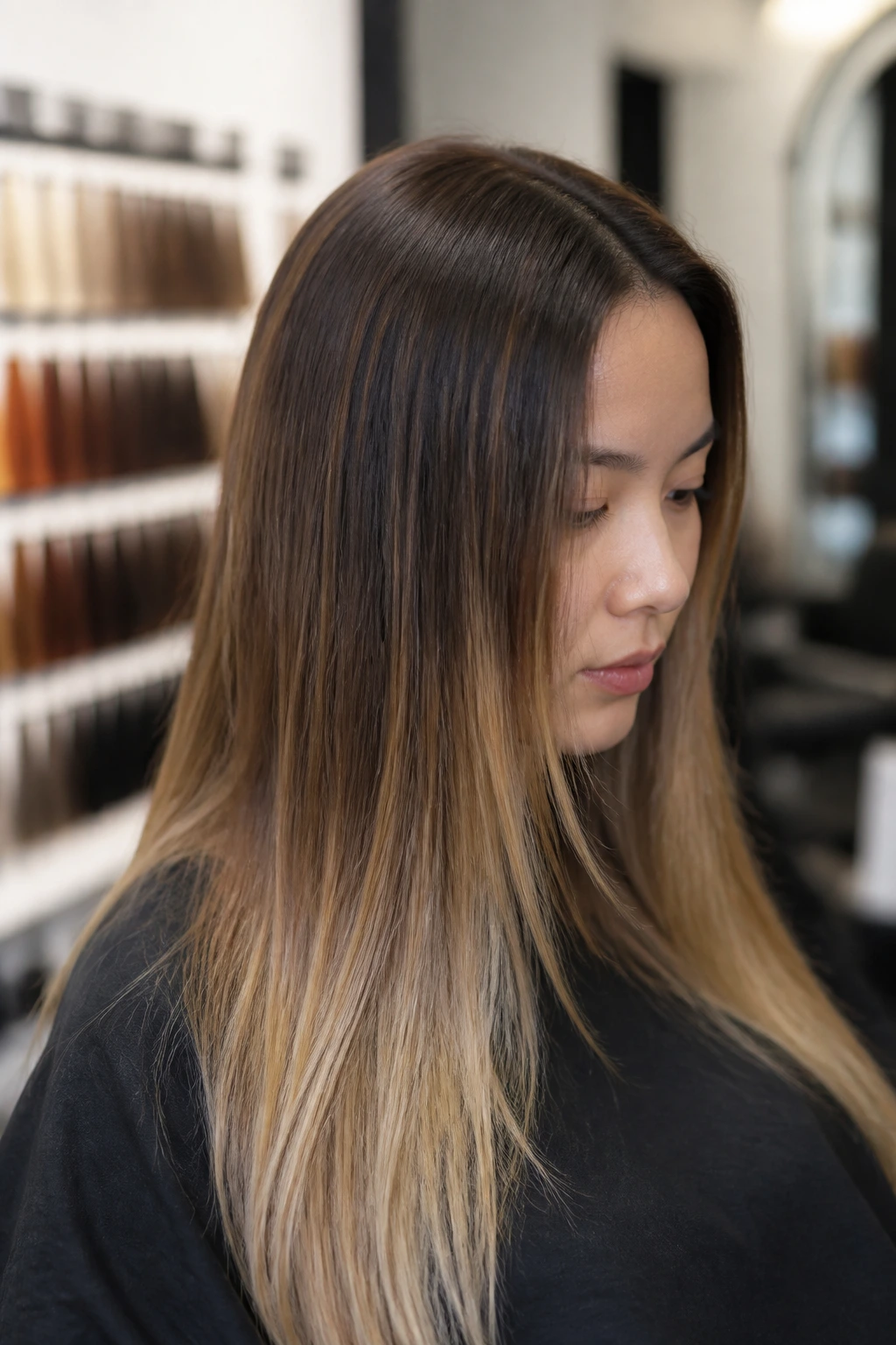 Real woman with long straight hair showing base shade and tonal transitions.