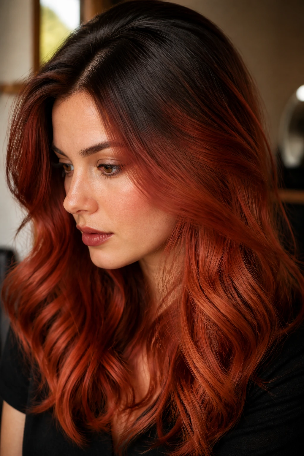 Close-up of thick hair showing base shade and red tones for depth.