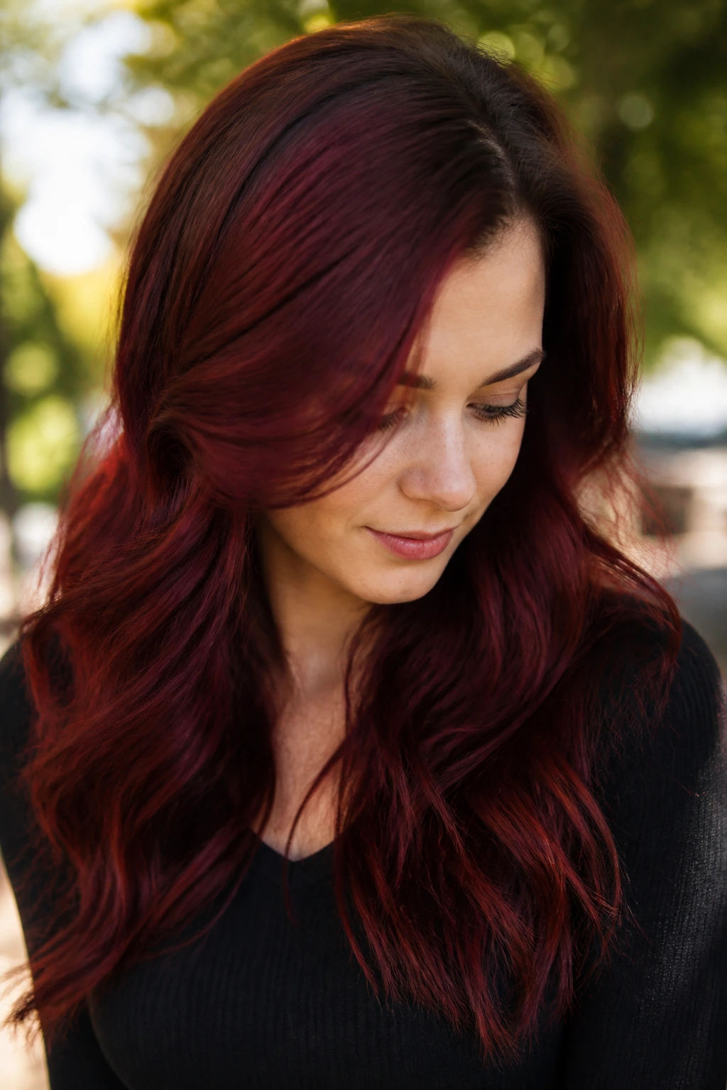 Close-up of red hair with depth at root and balanced shade