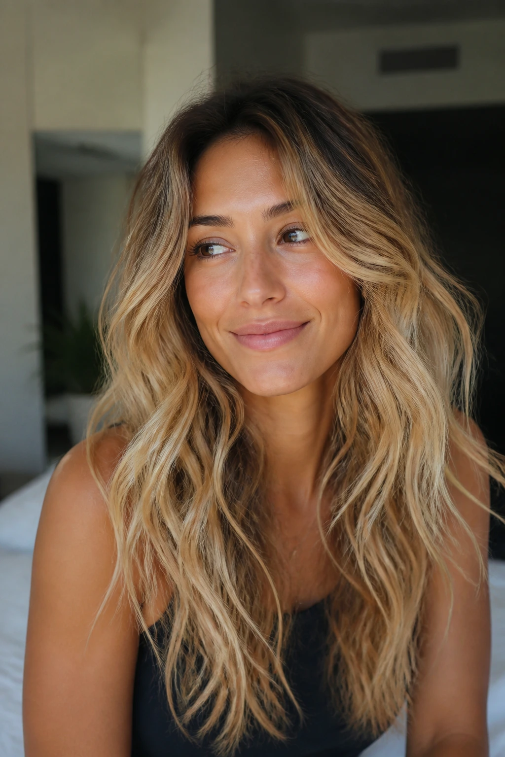 Real woman with warm blonde shade and base tones tailored to undertone
