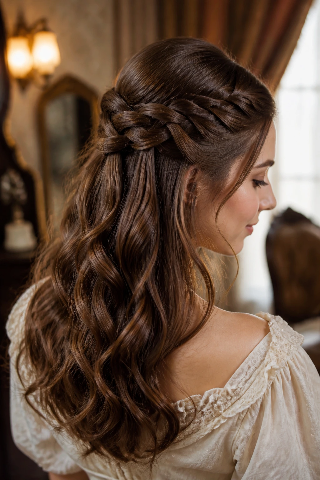 Mid-close view of basket-weave half-up hairstyle with crossing braids.