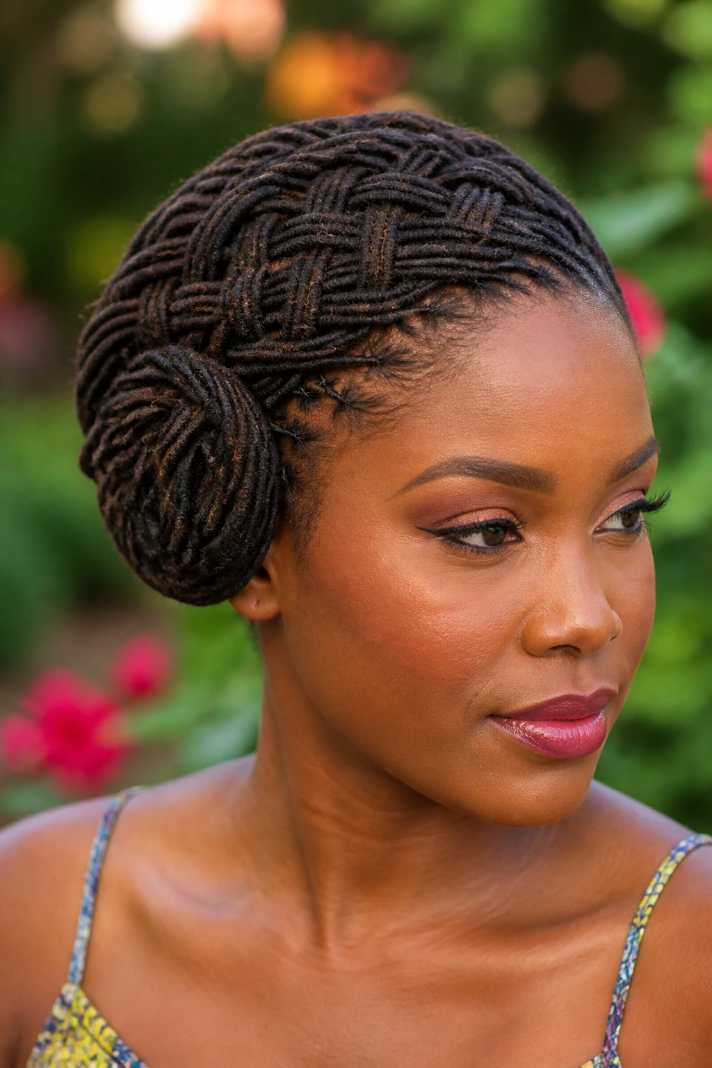 Medium close-up of a real person showing a basket-weave loc style with a side roll.