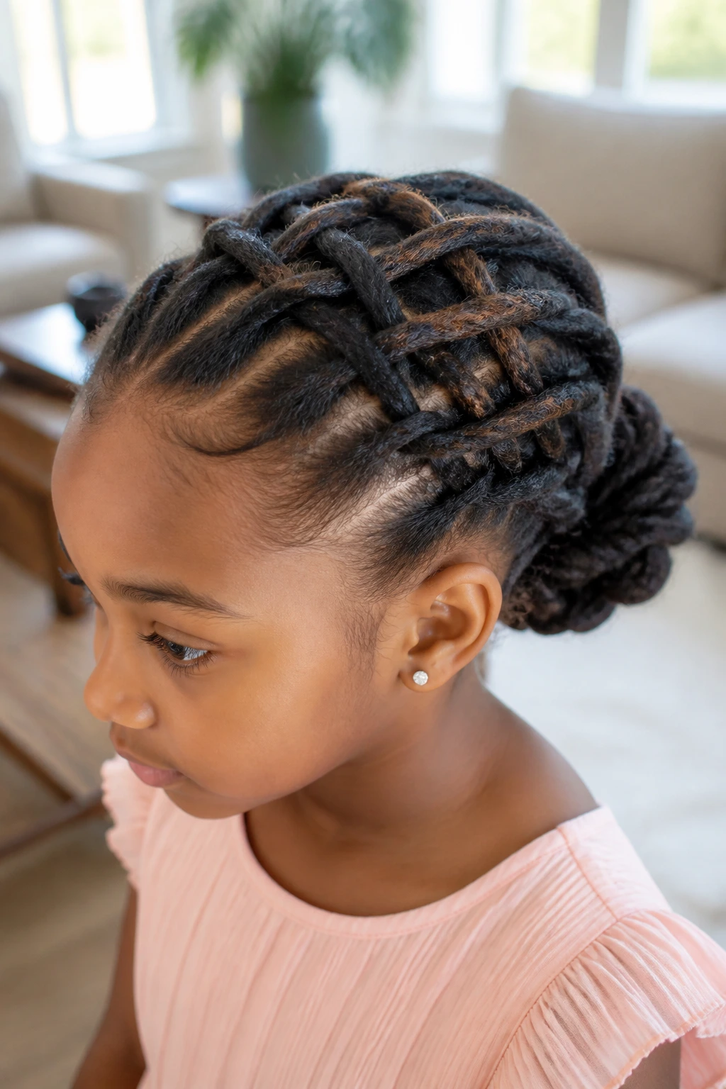 Close-up of a real child wearing a basket-weave crown and updo