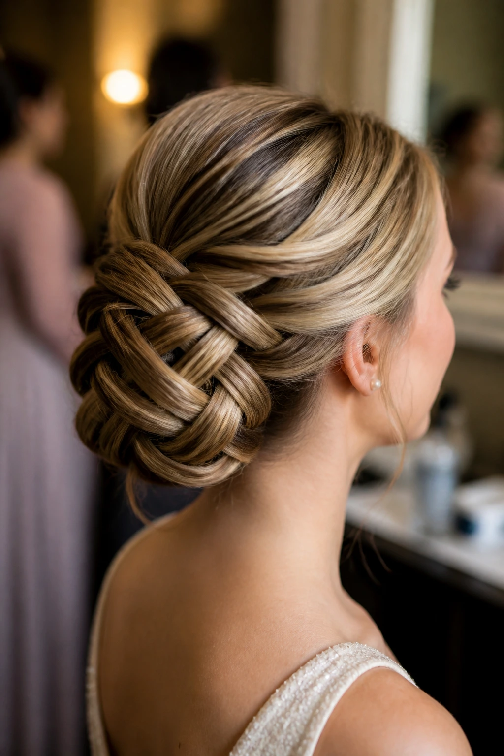 Close-up of a real woman with a basket-weave bun in a backstage wedding setting