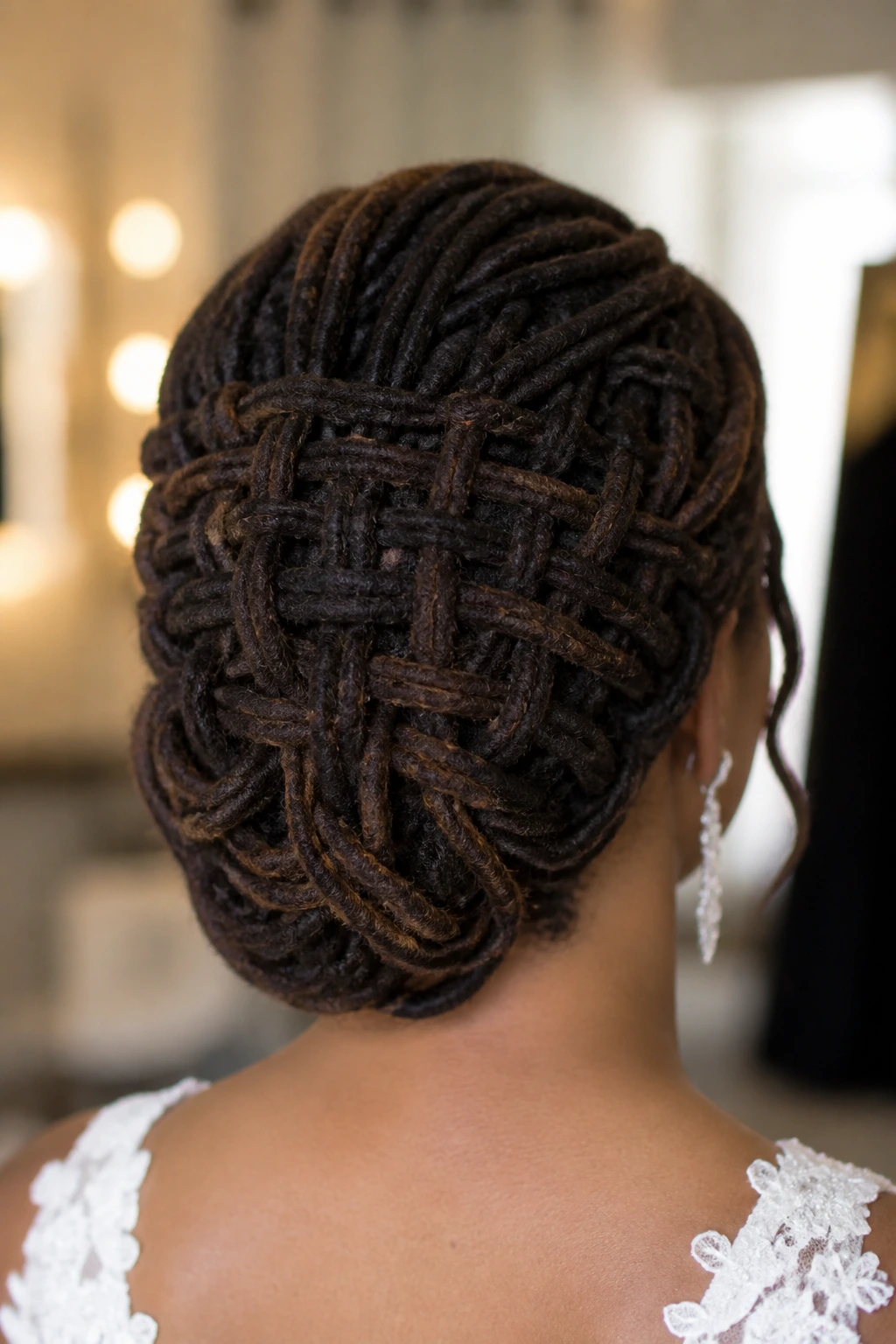 Rear close-up of a real bride showing basketweave updo with tucked ends