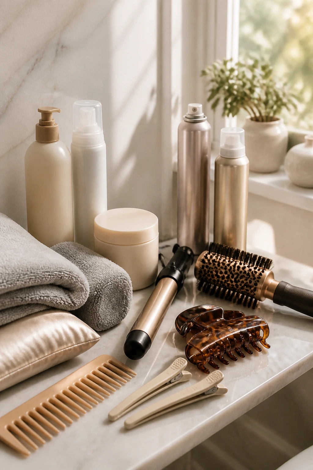 Close-up of a bathroom shelf with essential hair-care tools neatly arranged.