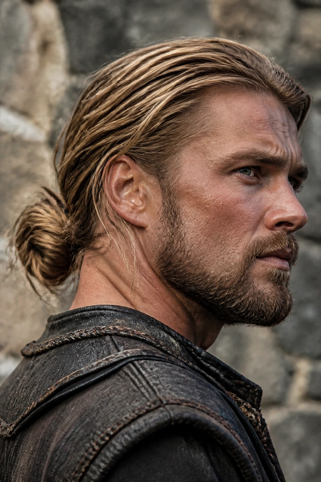 Close-up of a man with a rugged battle bun in an outdoor gritty setting