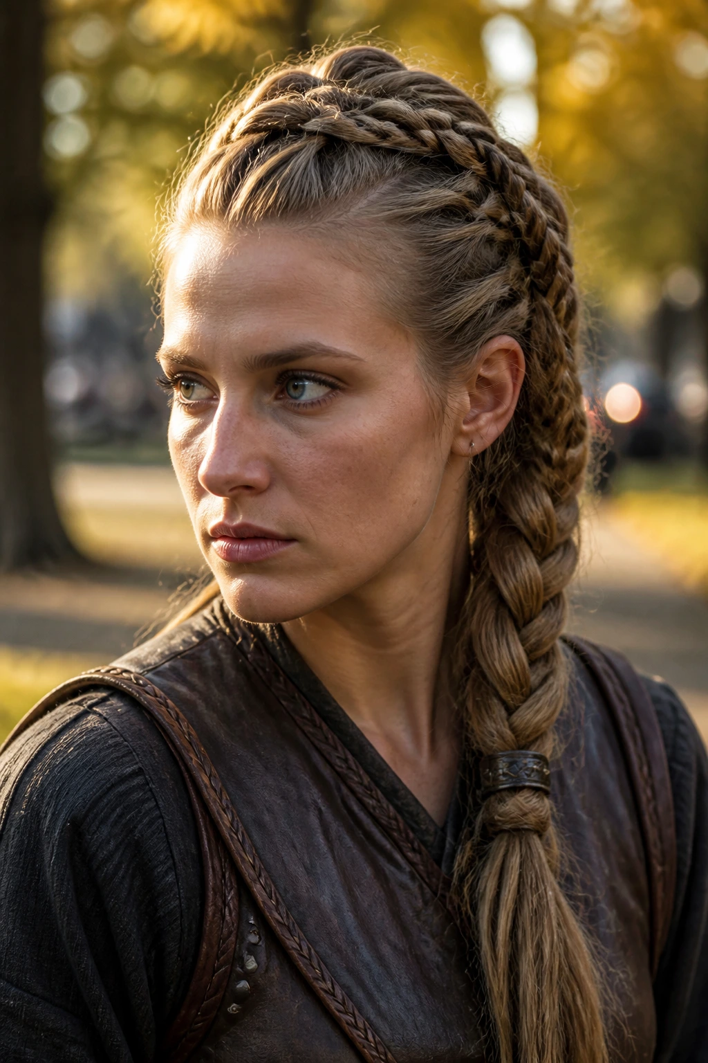 Battle-ready crown braid with leather cuff.