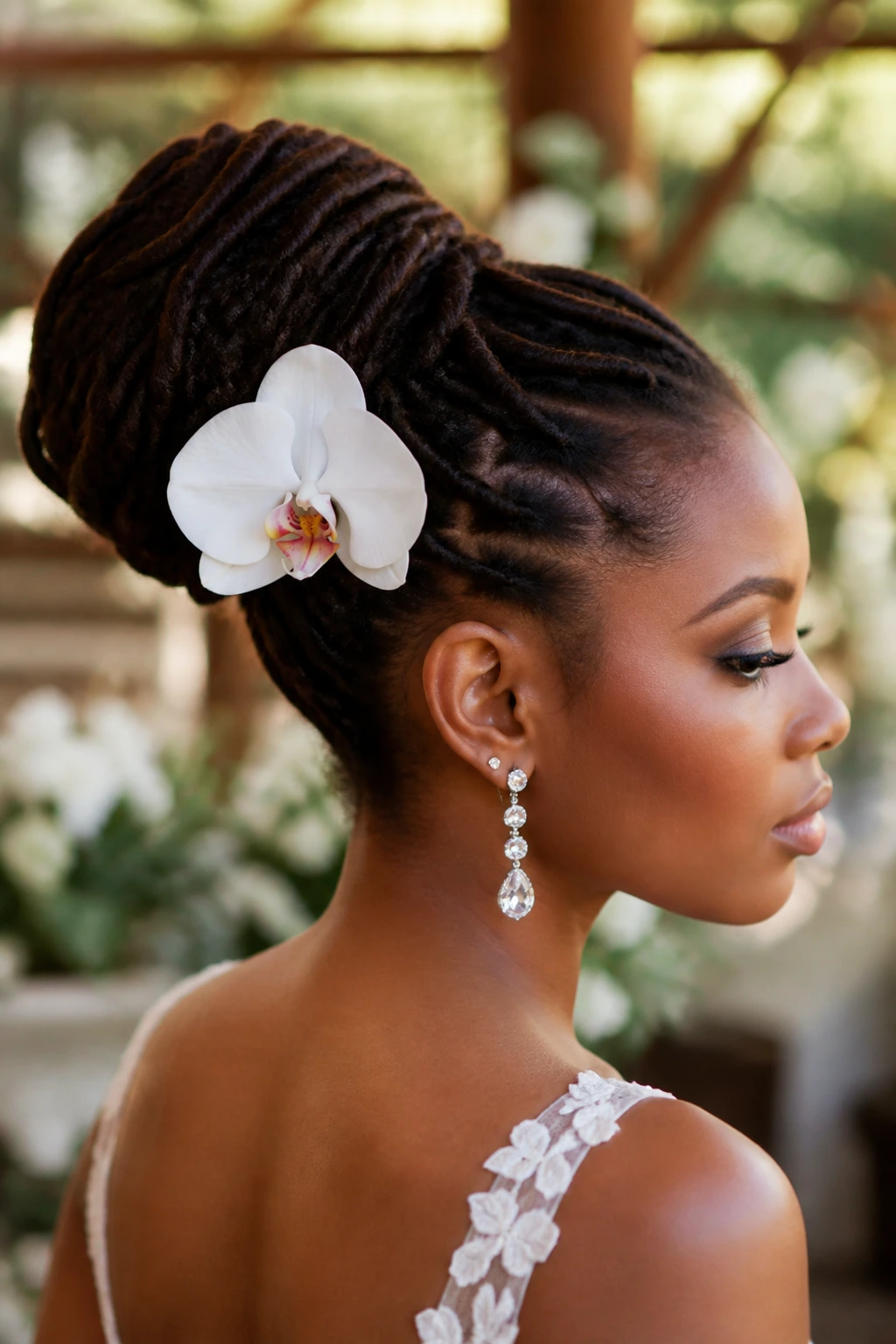 Close-up of a real bride with a flower-focused bun and one bloom