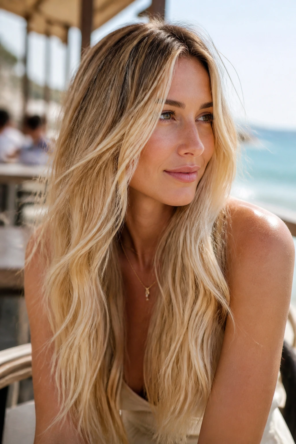 Close-up of a real woman with beach blonde long layers in seaside cafe light.