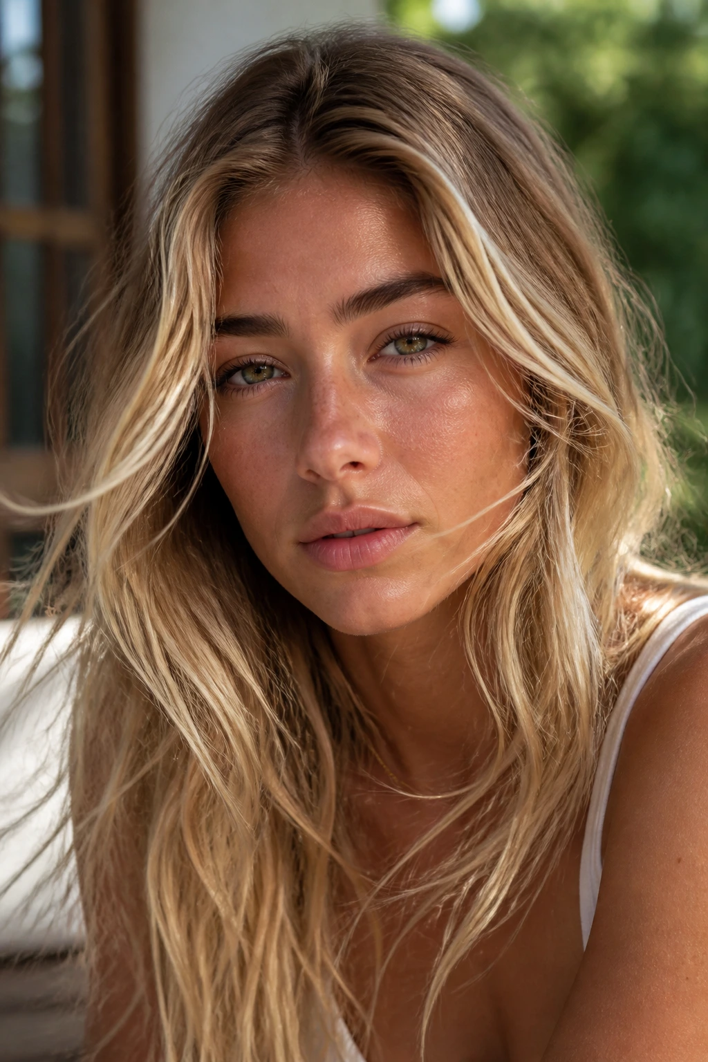 Close-up of a real woman with beachy textured blonde hair