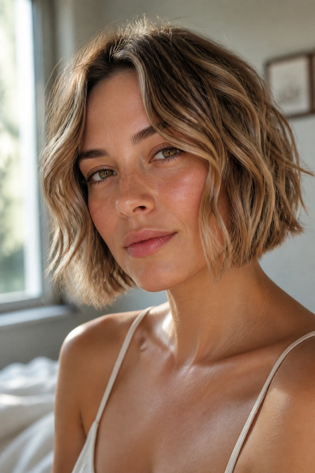 Portrait of a woman with a chin-length beach bob framing her jawline