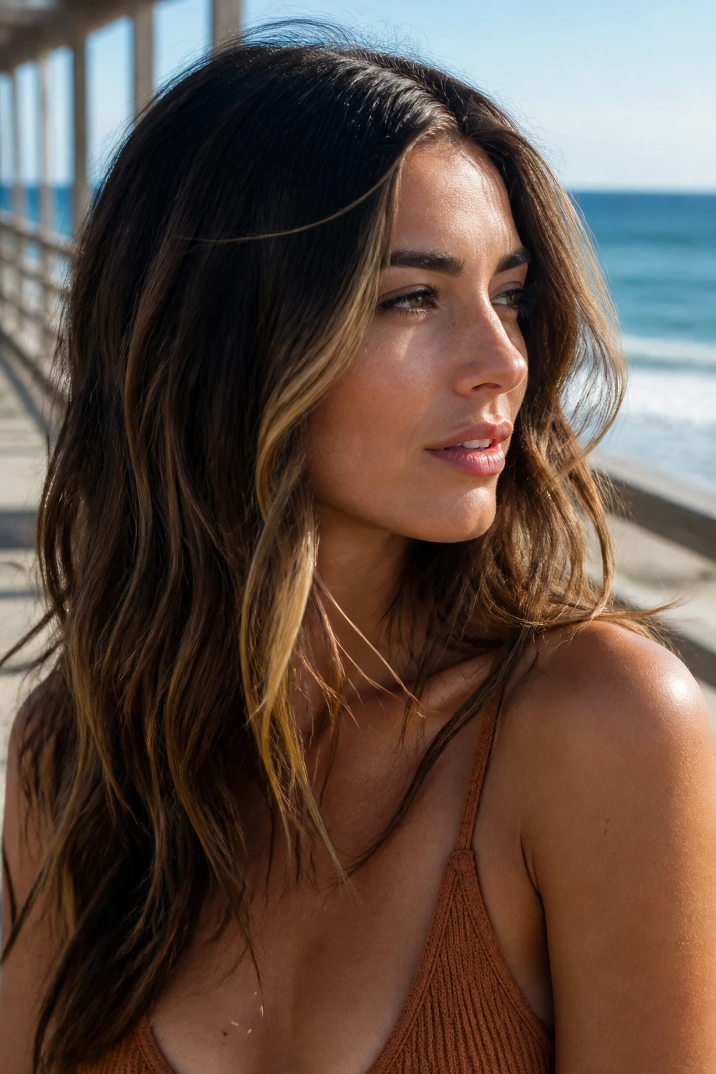 Close-up portrait of real person with sun-kissed beach-brunette streaks around the face