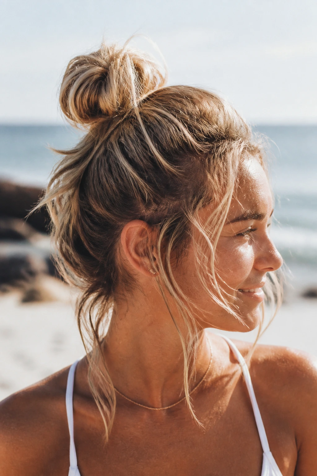Beachy air-dried bun on a real woman outdoors in sunlit beach setting
