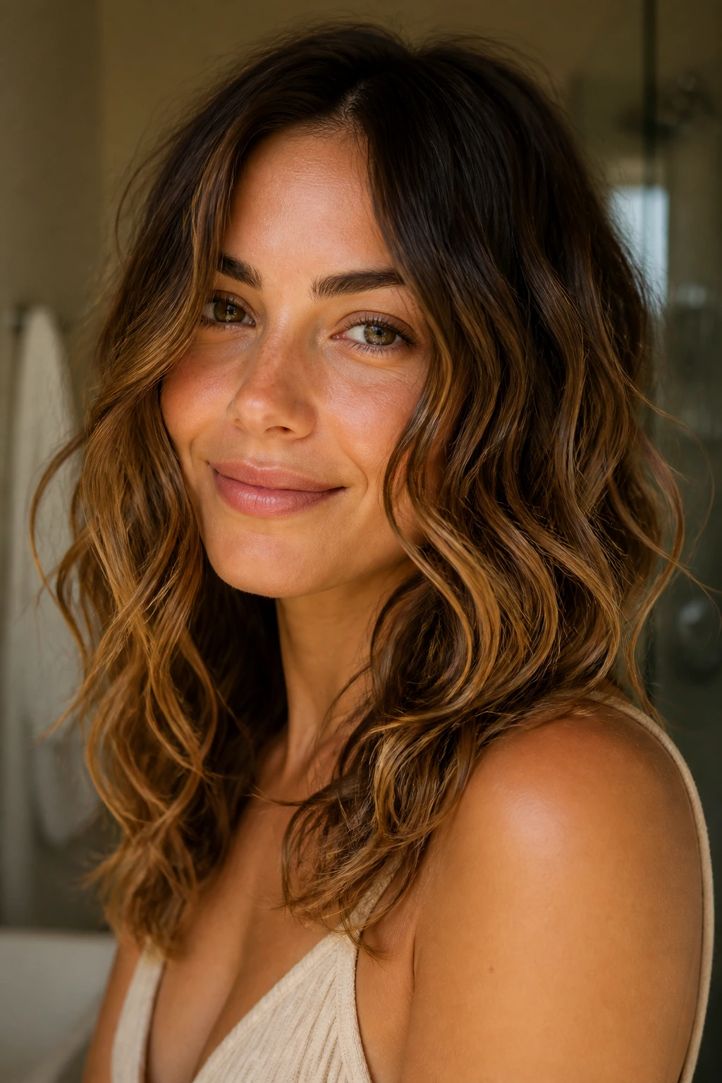Close-up of a real woman with Beach Bun Release Waves after loose bun release