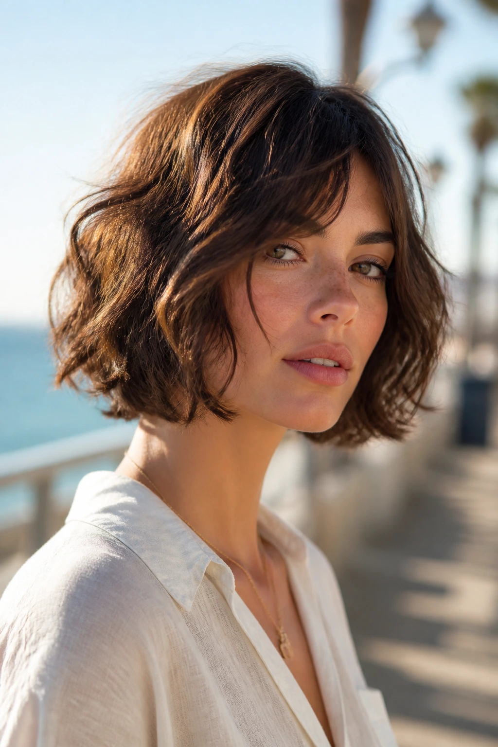 Close-up of a real woman with beach-dried Italian bob on a sunny boardwalk