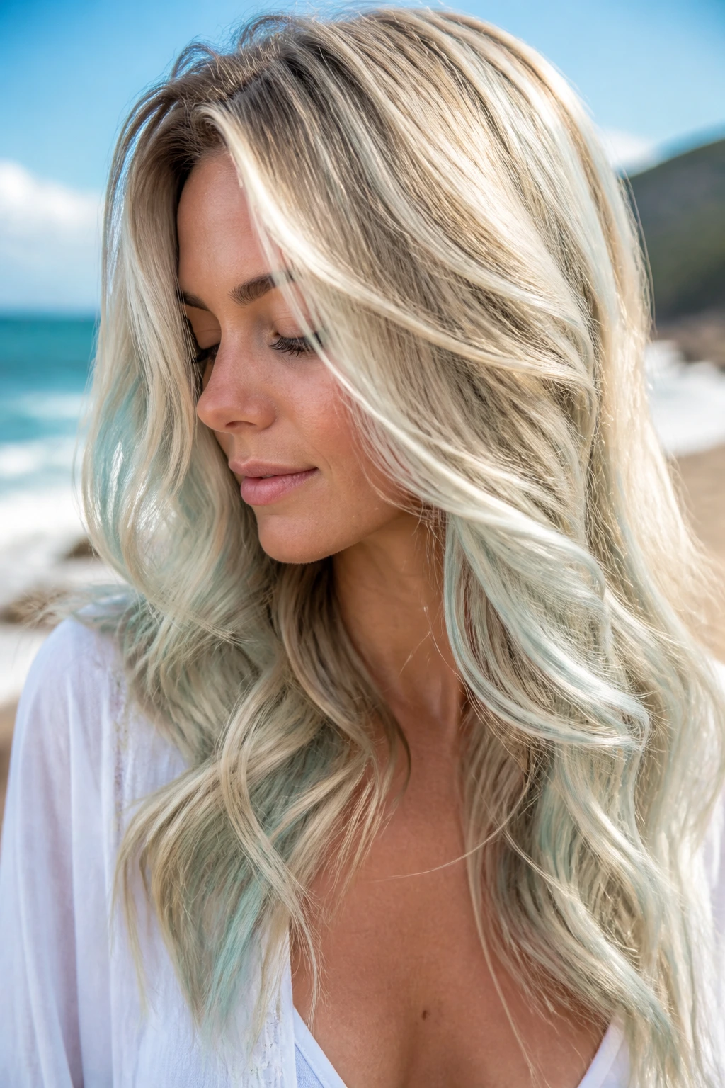 Real woman with cool, sea-glass toned Beach Glass Blonde hair outdoors by the sea