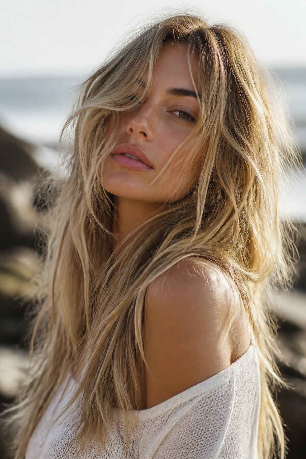 Close-up portrait of a real person with tousled beach layers and frayed ends