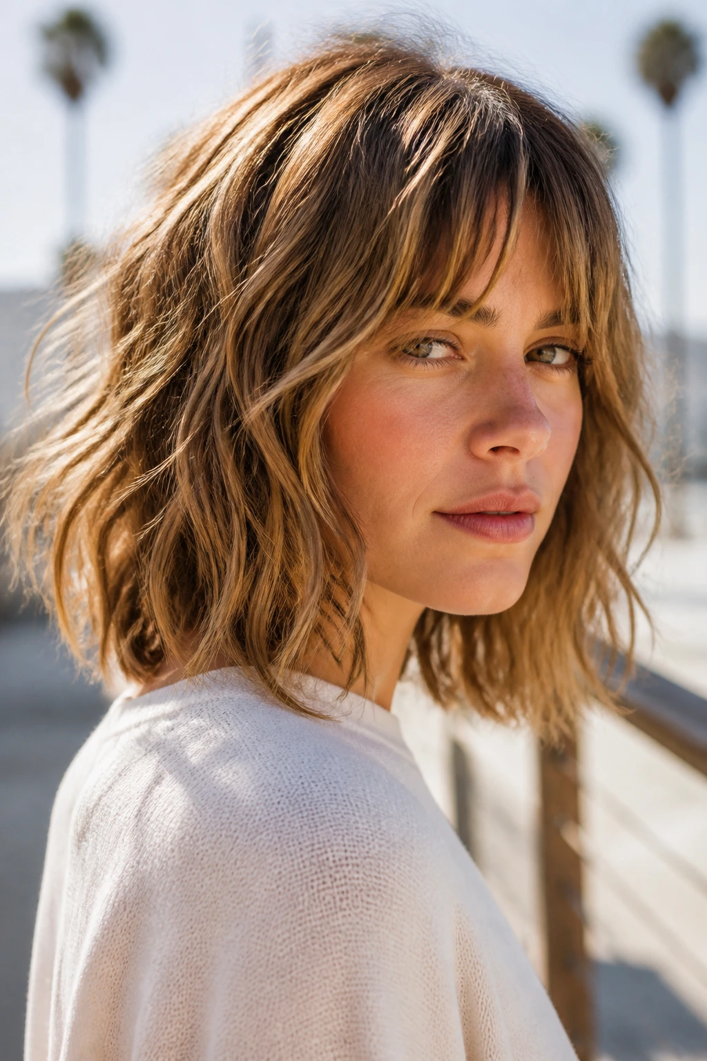 Portrait of a woman with tousled beach lob and grown-out bangs in sunlit outdoor setting.
