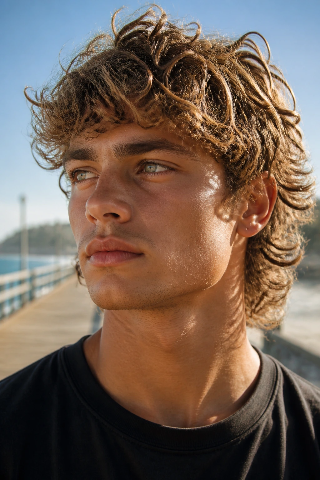 Close-up portrait of a real person with tousled beach mullet on a sunlit boardwalk
