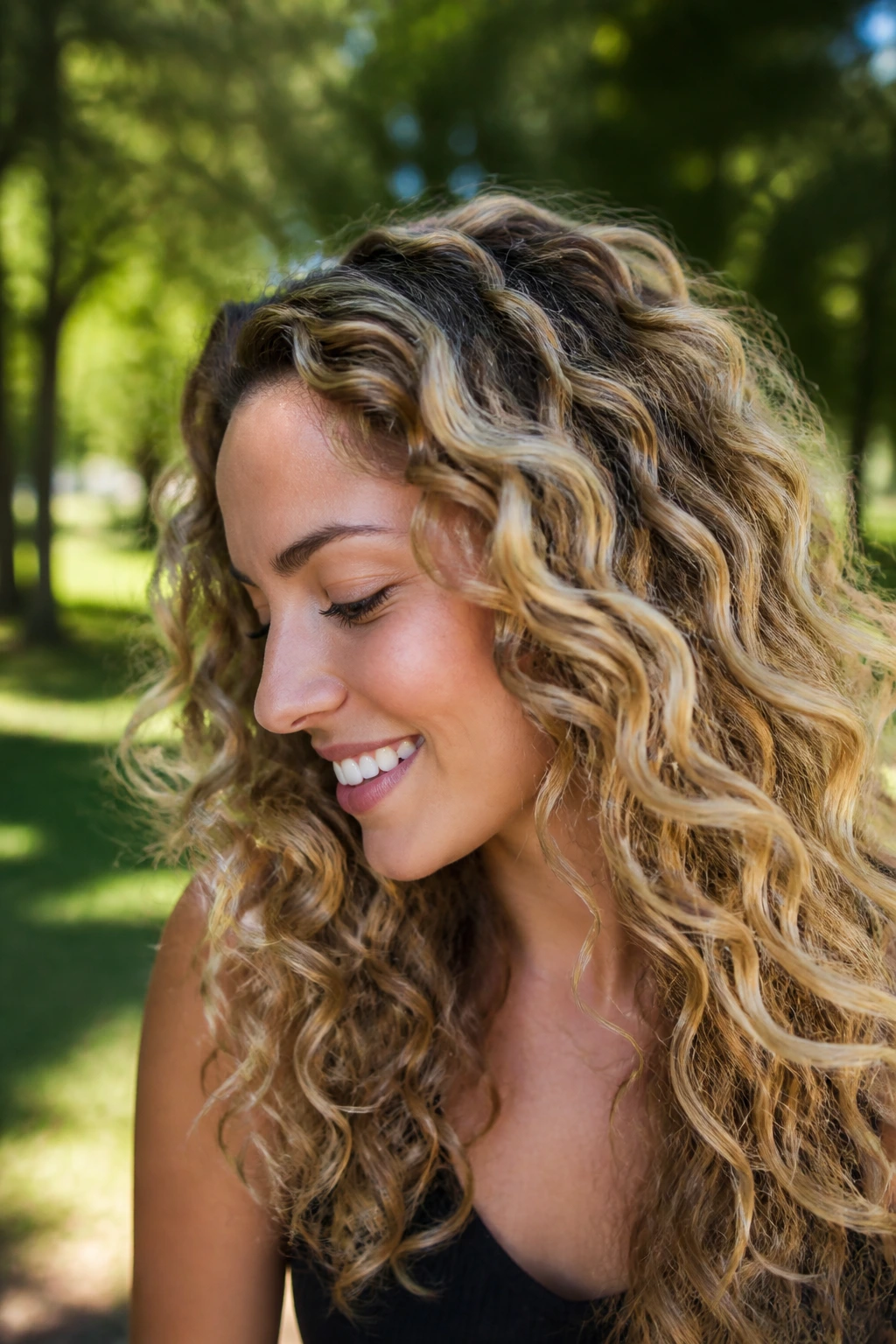 Close-up of a real woman with beach sand foilayage in an outdoor park setting.