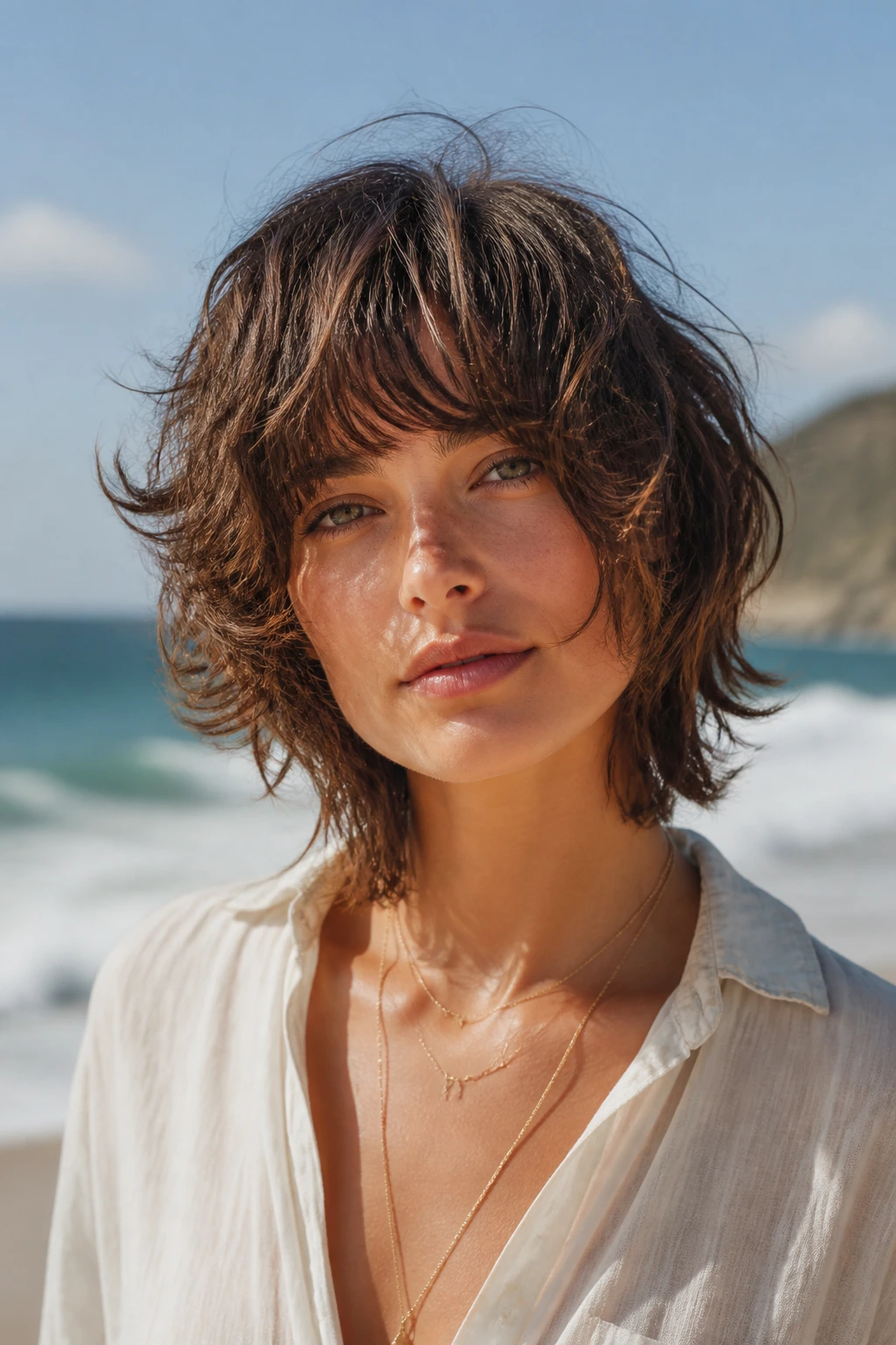 Beachy air-dried shag hairstyle on a real person at the beach