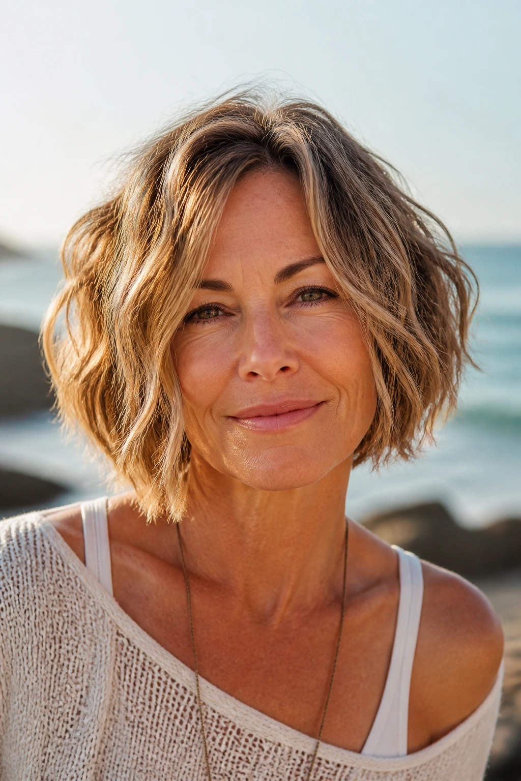 Close-up of a real woman with a beach-wave bob and loose waves in natural light