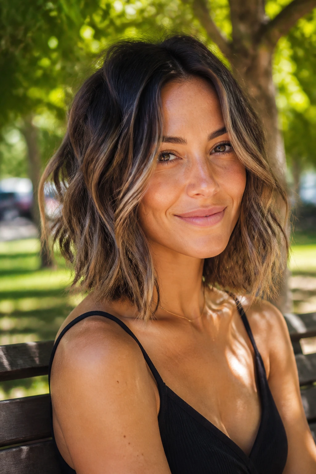 Close-up portrait of a real woman with beach-wave bob and light texture