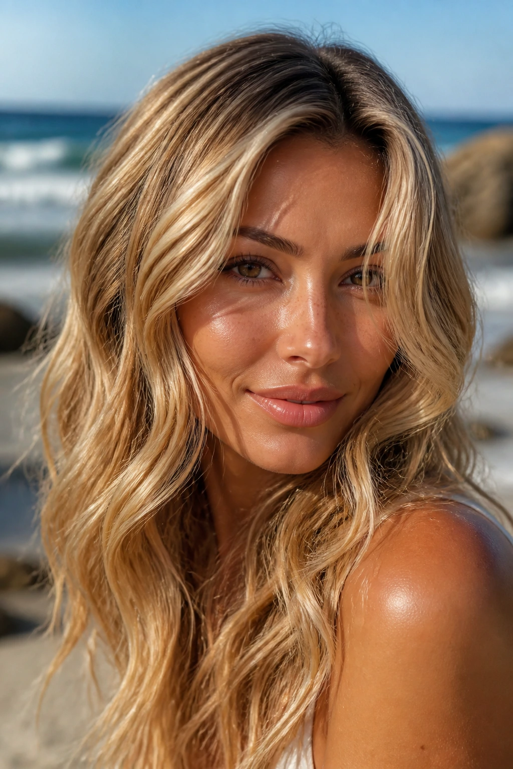 Close-up portrait of a real woman with beach-wave honey-blonde hair in warm sunlight