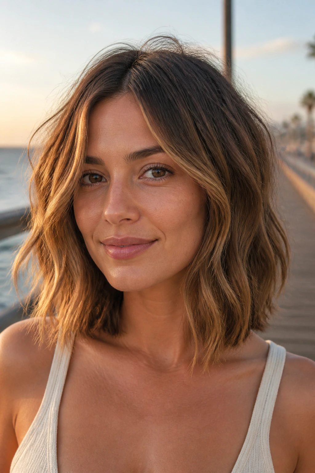 Close-up portrait of a real woman with beach-wave lob on a seaside boardwalk.