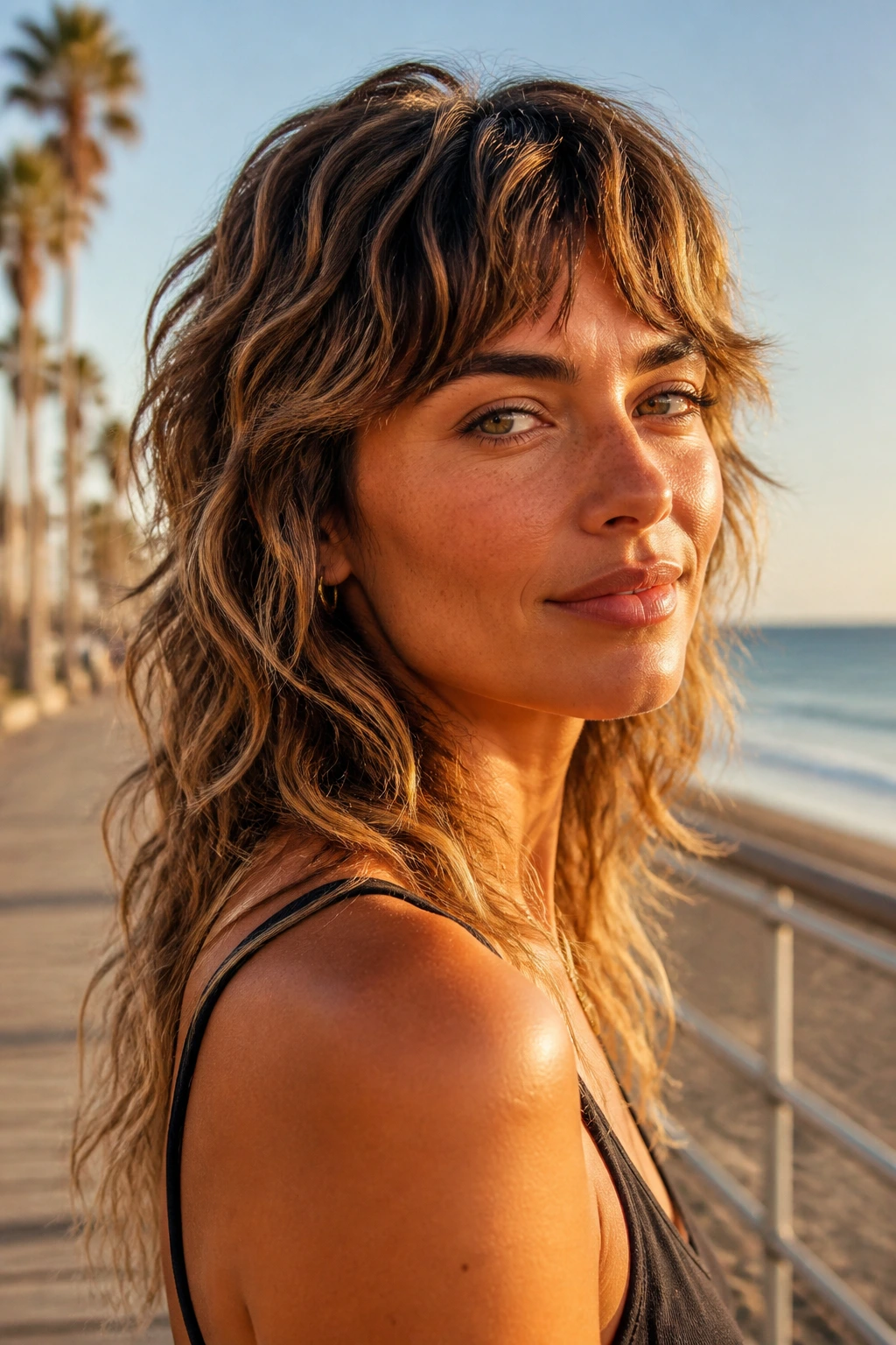 Portrait of a real woman with beach wave mullet on a sunny boardwalk