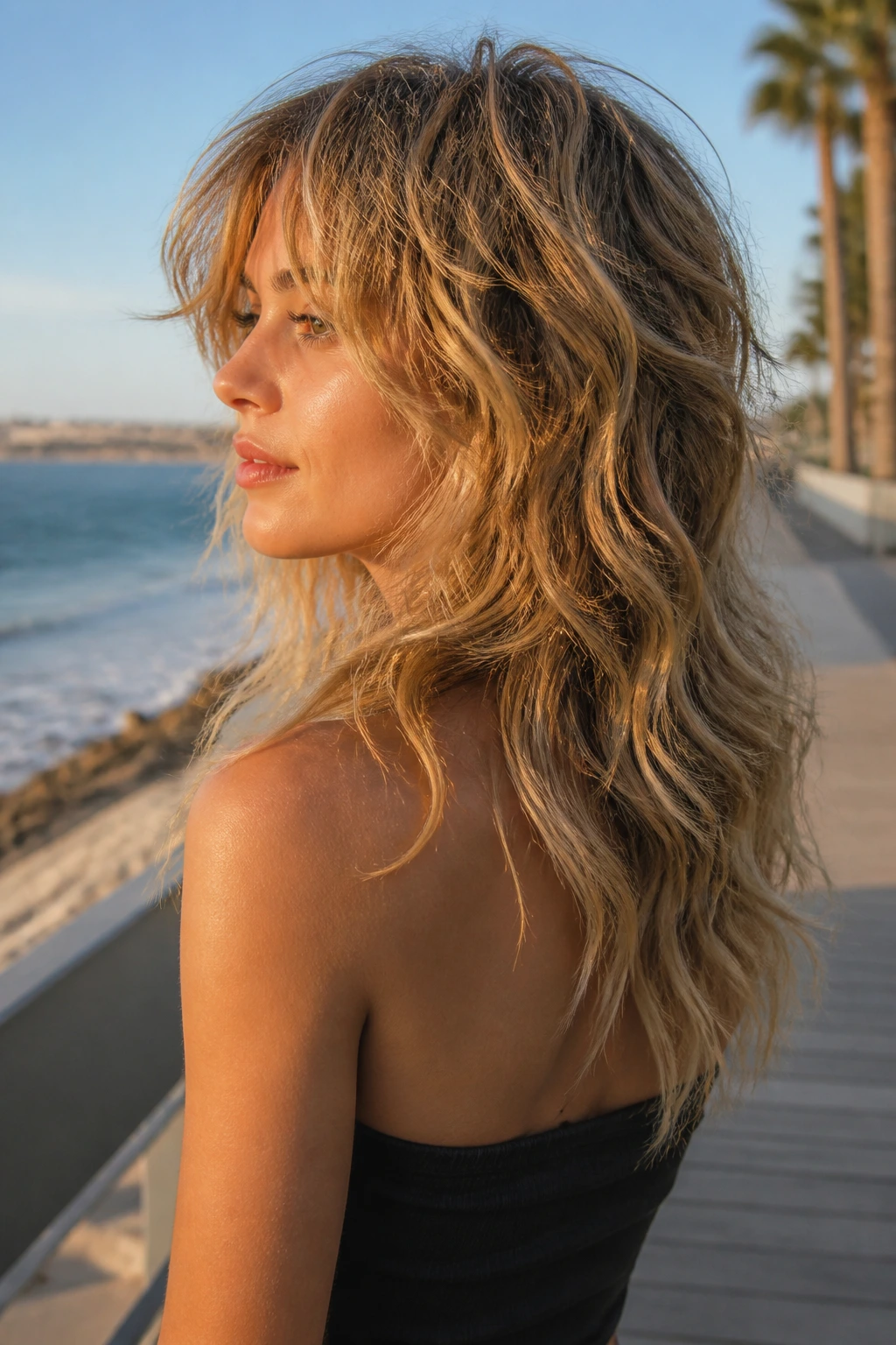 Close-up of a real person with beach-wave mullet and loose separated ends outdoors