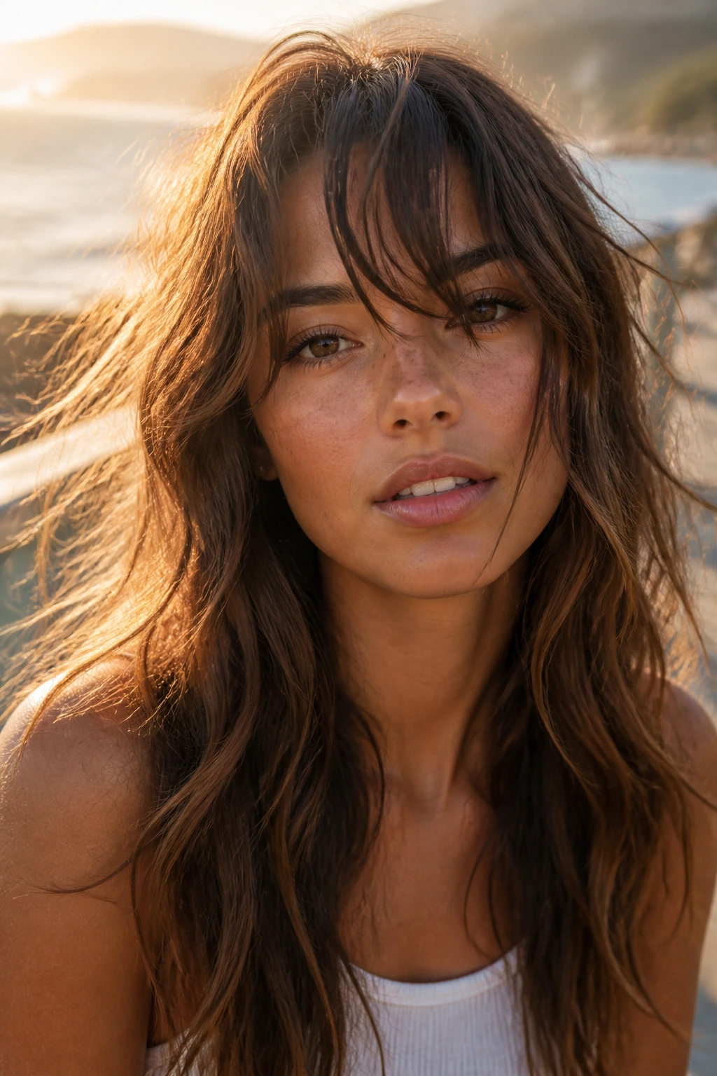 Close-up portrait of a real person with beach-wave piecey bangs in a coastal setting