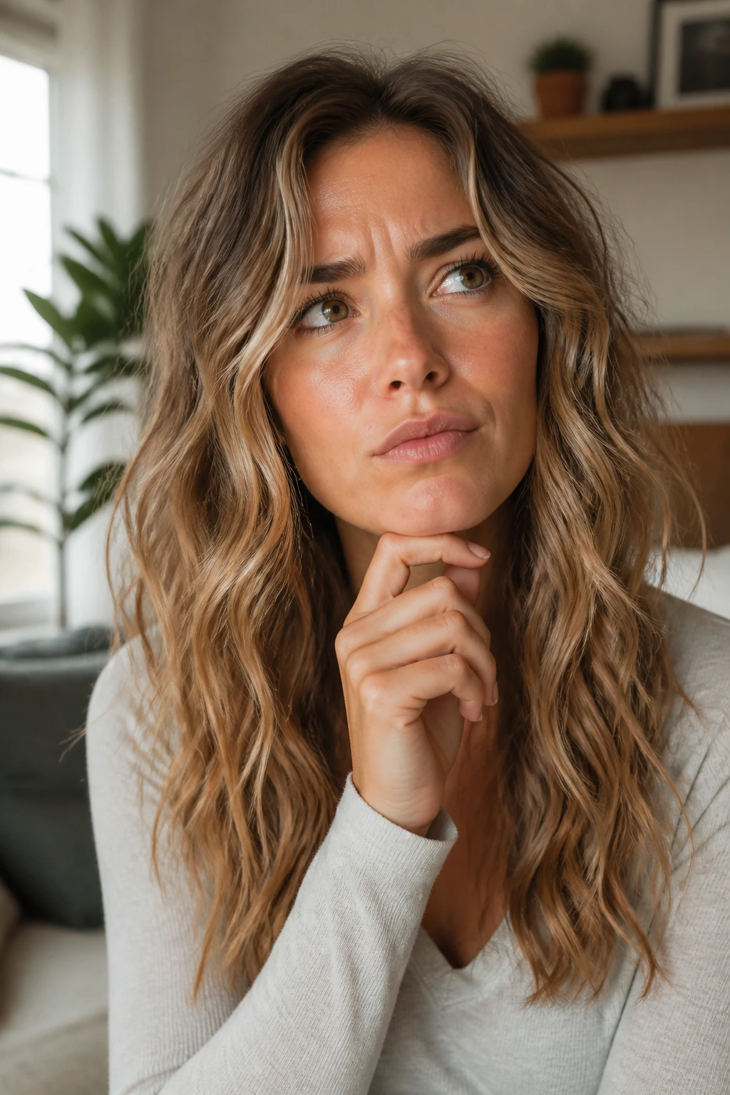 Portrait of a woman with beachy waves and a curious expression