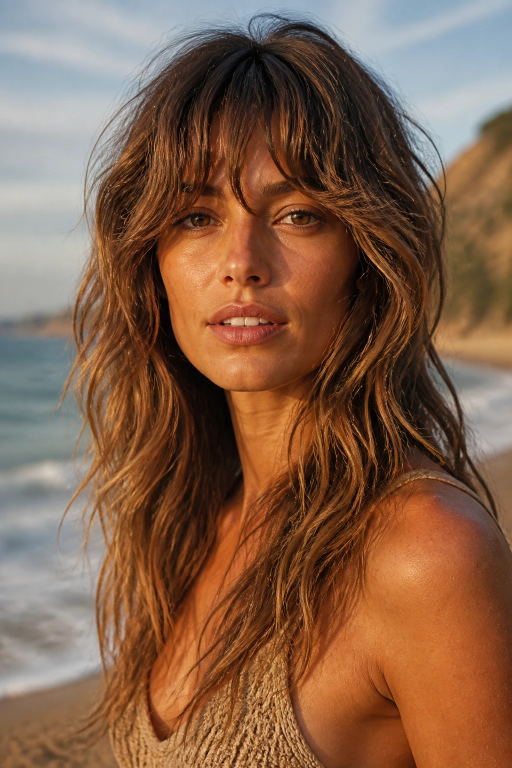 Close-up portrait of a real woman with Beach-Wave Shag hairstyle against a sunlit beach backdrop