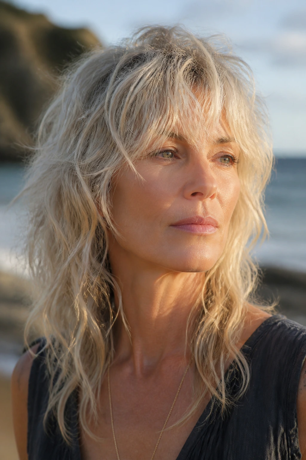 Portrait of woman with platinum beach-wave wolf cut and rough texture