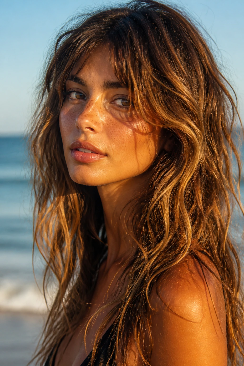 Close-up of a real woman with Beach-Wave Wolf hairstyle featuring piecey waves on a sunlit beach.