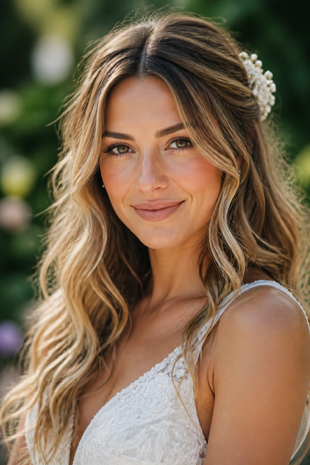 Bride with beachy waves portrait in garden daylight