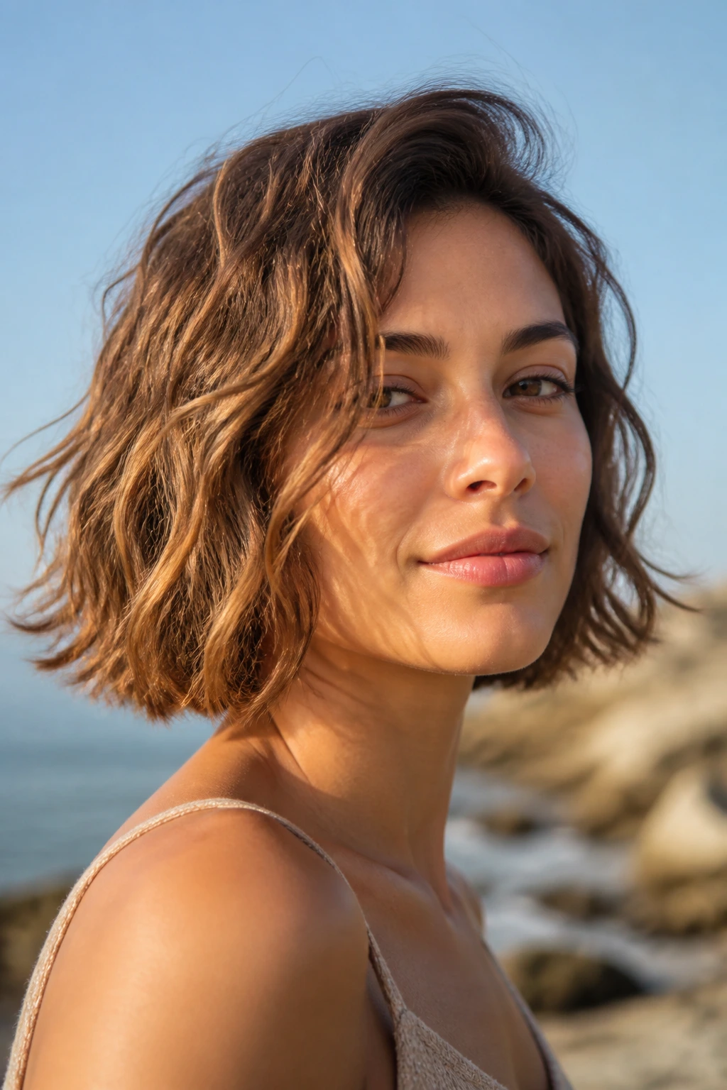 Portrait of a woman with chin-length beachy waves outdoors