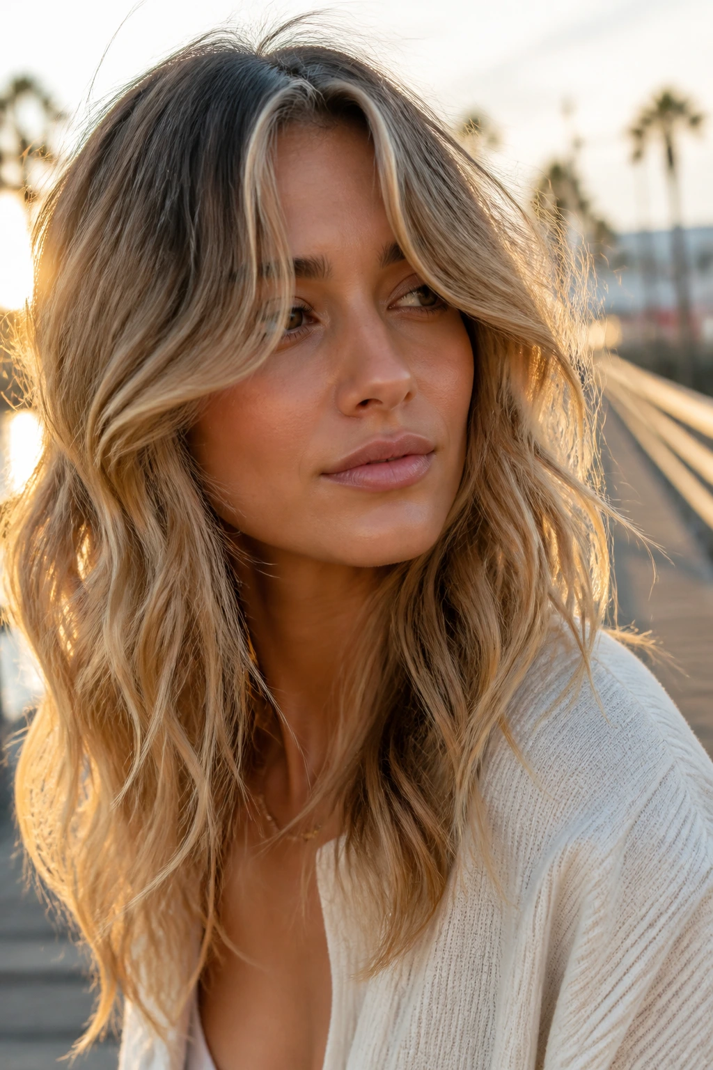 Close-up of a real woman with beachy waves and loose curtain fringe outdoors at golden hour.