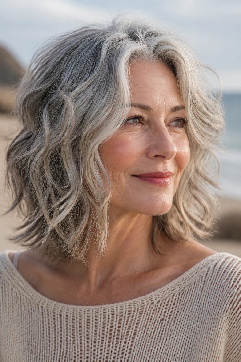Portrait of an older woman with tousled gray beach waves