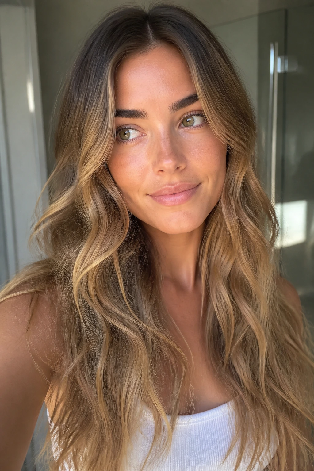Close-up portrait of a real woman with defined beach waves on long hair