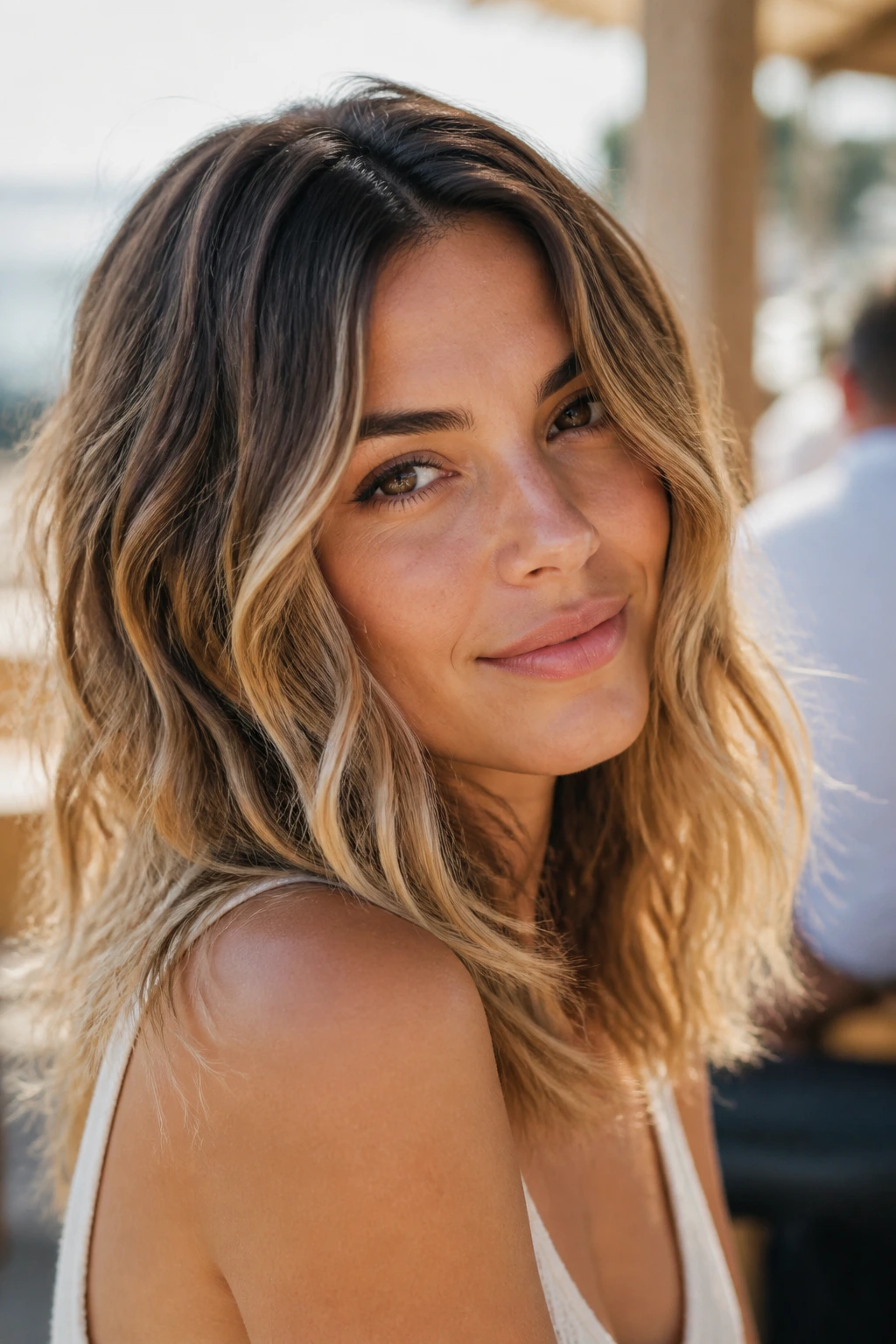 Close-up of a real woman with tousled beach waves on medium-length hair in warm light