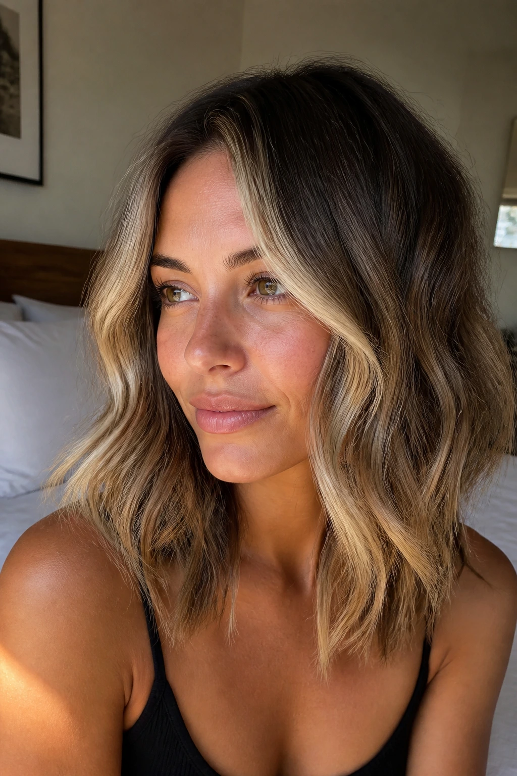 Close-up of a real woman with beach waves and face-framing money-piece highlights