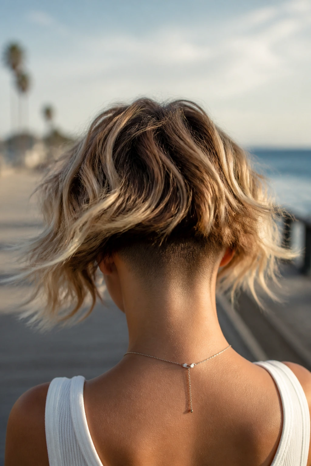 Back-of-head portrait of a person with beach-wave hair and a shaved nape under the top layer