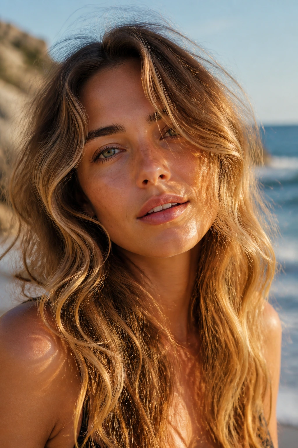 Close-up of a real woman with loose beachy waves in golden hour light