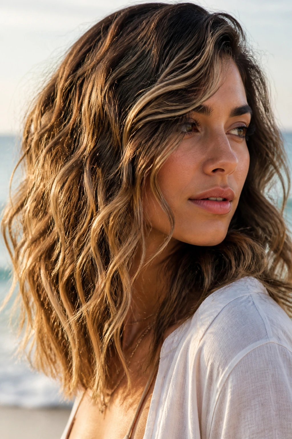 Portrait of a real person with moving beach waves in natural light