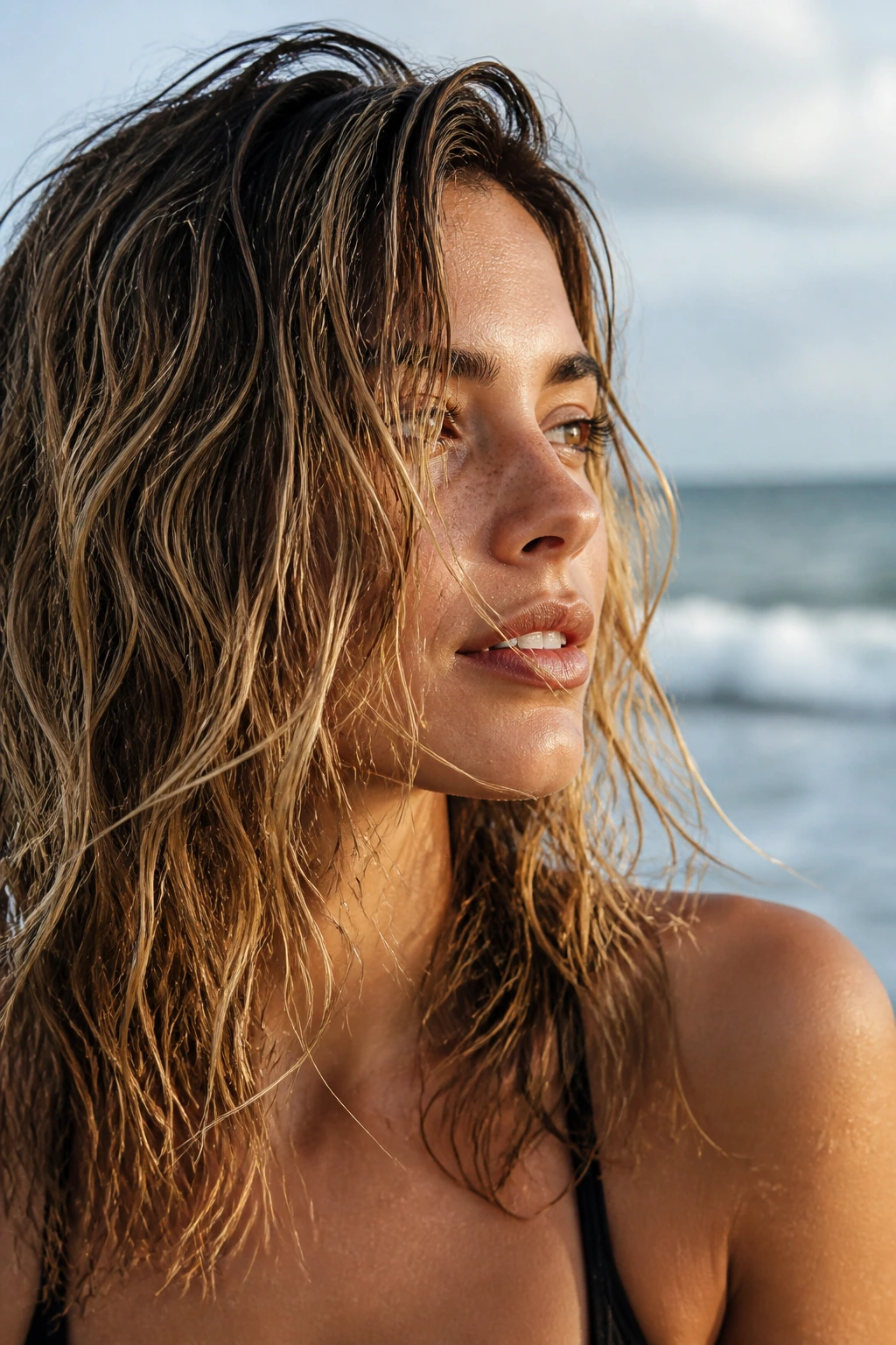 Close-up of a real person with undone beach waves and salt texture