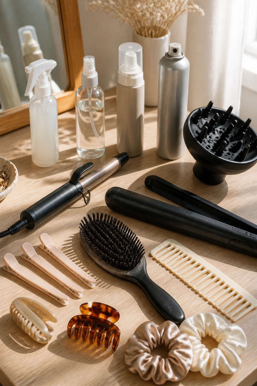 Close-up of hair styling tools for beach waves arranged on a wooden vanity