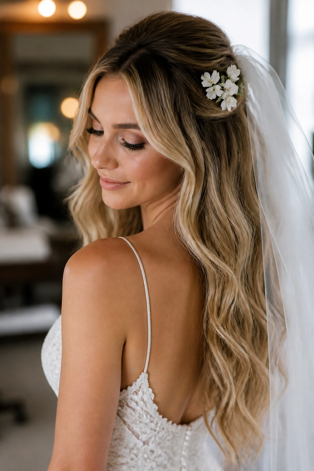 Close-up of real bride with veil and flowers in beachy waves